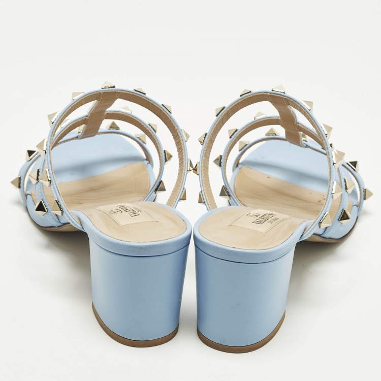 Pre Owned Valentino Rockstud Size 36.5 Light Blue Leather Block Heel Slide Sandals