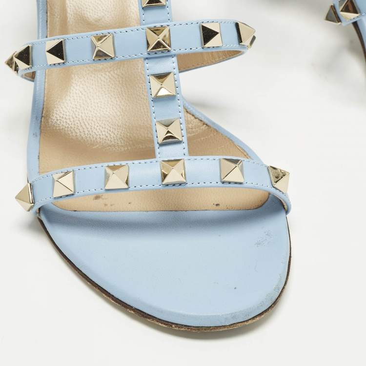Pre Owned Valentino Rockstud Size 36.5 Light Blue Leather Block Heel Slide Sandals