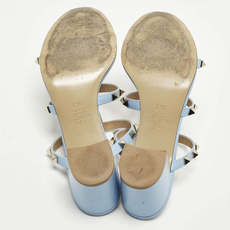 Pre Owned Valentino Rockstud Size 36.5 Light Blue Leather Block Heel Slide Sandals