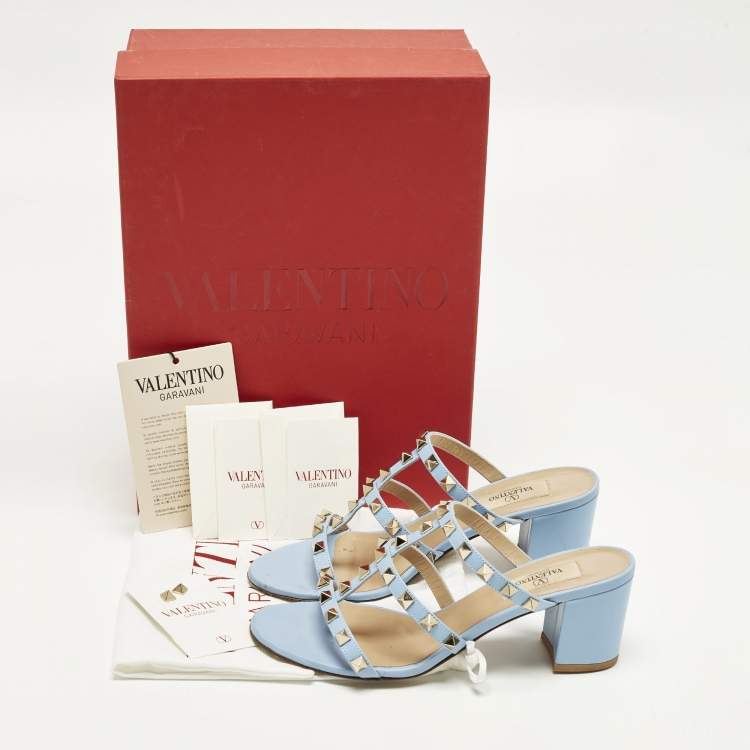 Pre Owned Valentino Rockstud Size 36.5 Light Blue Leather Block Heel Slide Sandals