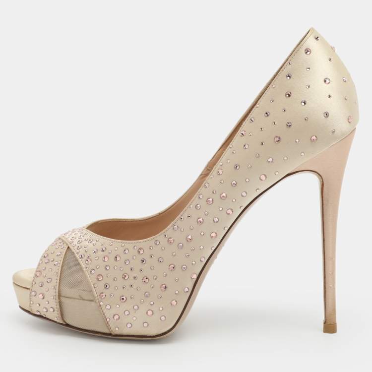 Pre Owned Valentino Beige Crystal Embellished Satin/Mesh Criss Cross Platform Pumps Size 38
