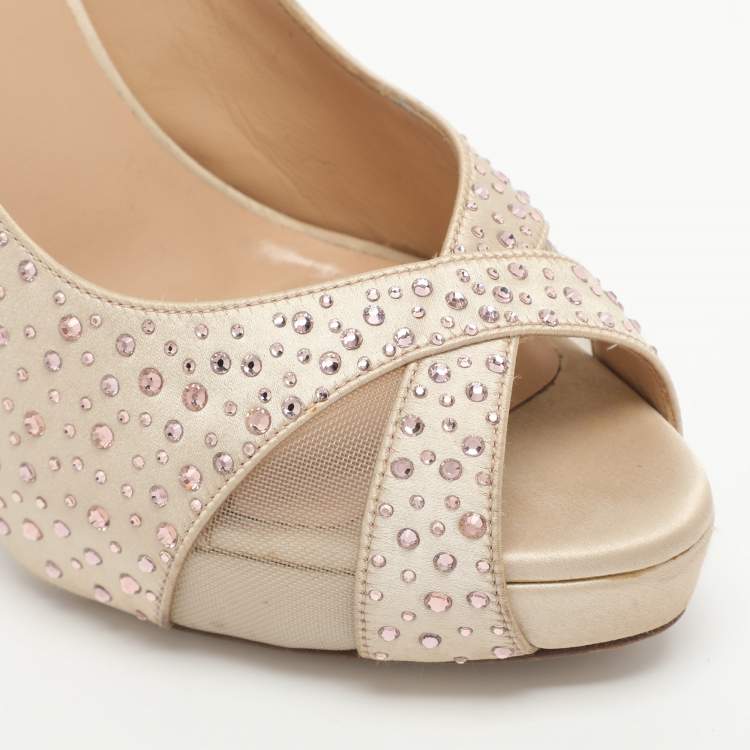 Pre Owned Valentino Beige Crystal Embellished Satin/Mesh Criss Cross Platform Pumps Size 38