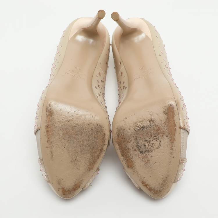 Pre Owned Valentino Beige Crystal Embellished Satin/Mesh Criss Cross Platform Pumps Size 38