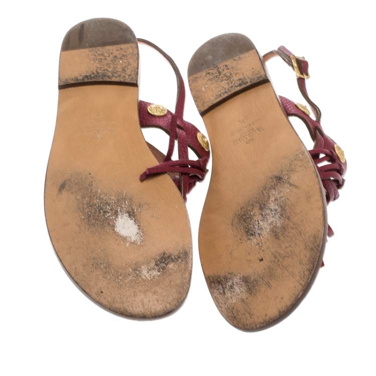 Pre Owned Valentino Maroon Leather Fringed Coin Detail Thong Sandals Size 37.5