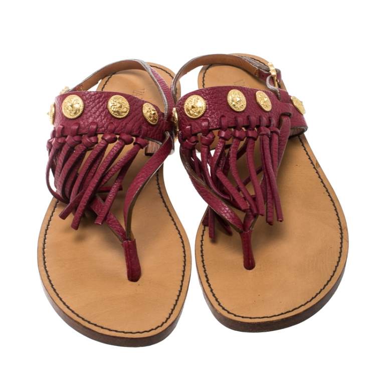 Pre Owned Valentino Maroon Leather Fringed Coin Detail Thong Sandals Size 37.5