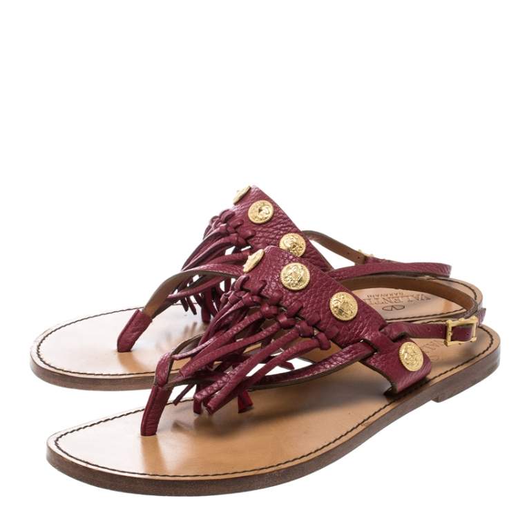Pre Owned Valentino Maroon Leather Fringed Coin Detail Thong Sandals Size 37.5