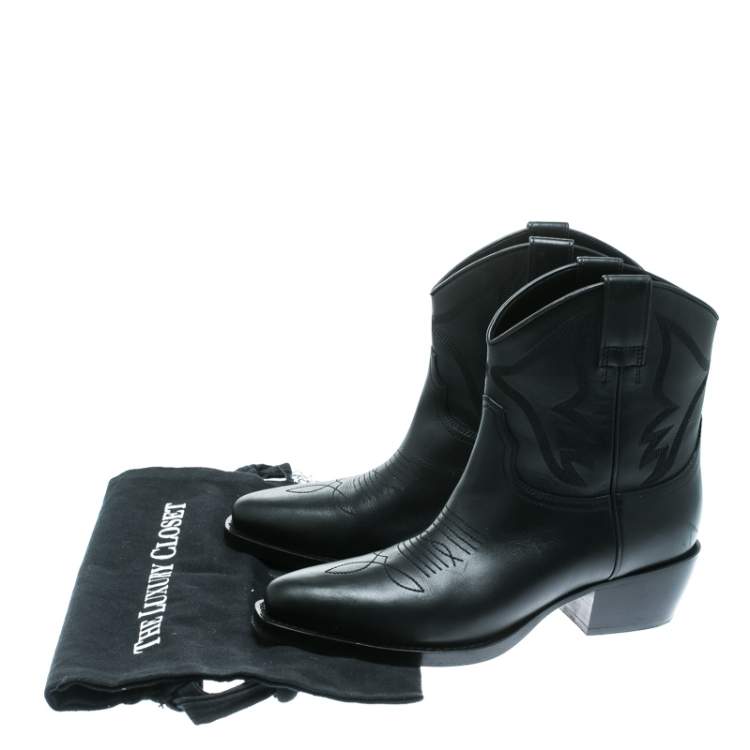 Pre Owned Valentino Black Texan Embroidered Leather Pointed Toe Cowboy Boots Size 36