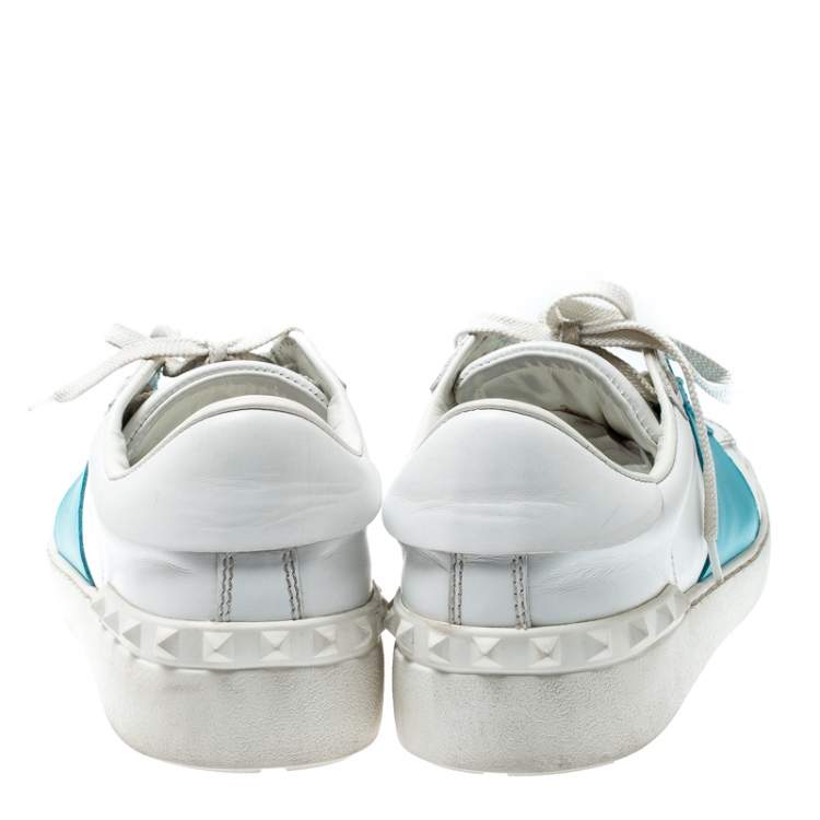 مملوكة مسبقًا Valentino White And Blue Band Leather Open Low Top Sneakers Size 39
