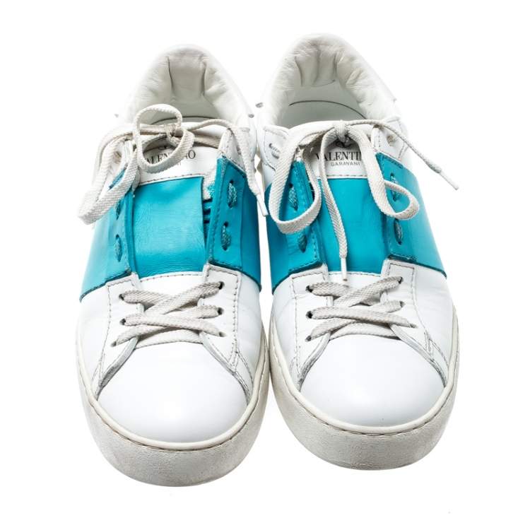 مملوكة مسبقًا Valentino White And Blue Band Leather Open Low Top Sneakers Size 39