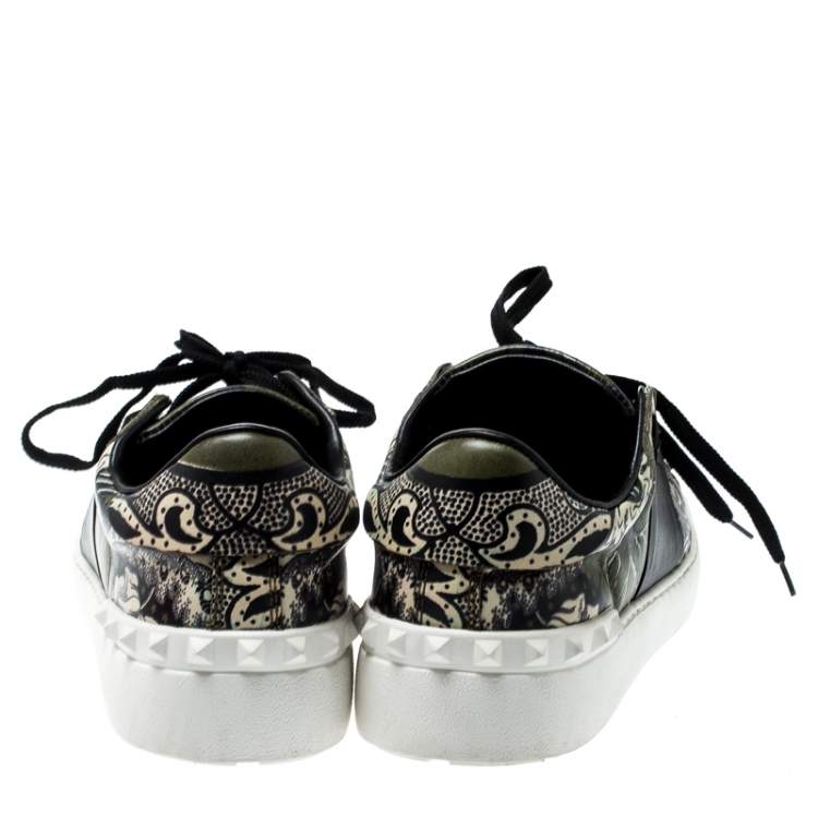 Pre Owned Valentino Green/Beige Floral Printed Leather Open Sneakers Size 39