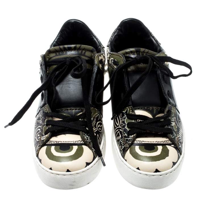 Pre Owned Valentino Green/Beige Floral Printed Leather Open Sneakers Size 39