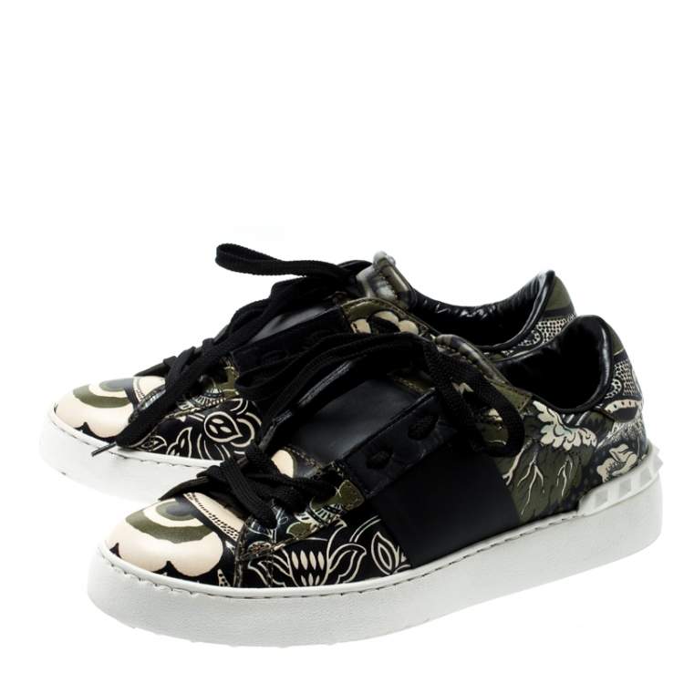 Pre Owned Valentino Green/Beige Floral Printed Leather Open Sneakers Size 39