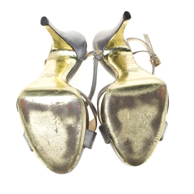 Pre Owned Valentino Metallic Silver Leather Knotted T-Strap Sandals Size 36.5