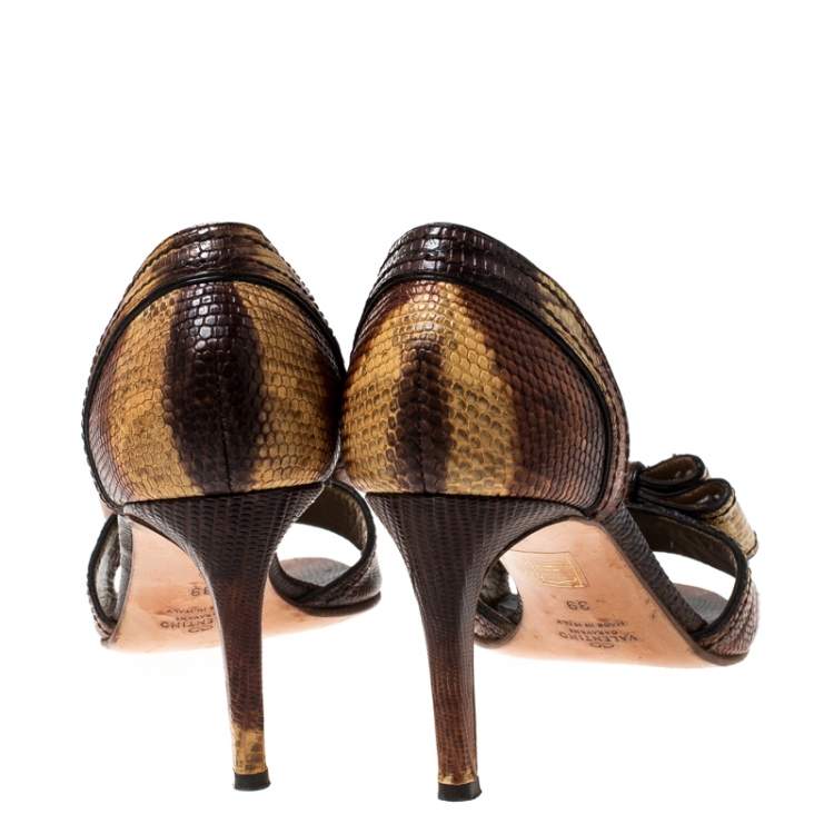 Pre Owned Valentino Two Tone Lizard Leather D'Orsay Bow Sandals Size 39