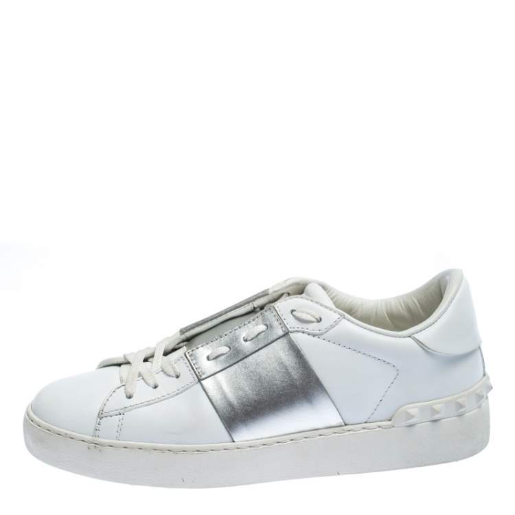 Valentino White/Metallic Silver Leather Open Low Top Sneakers Size 37.5 Valentino | TLC