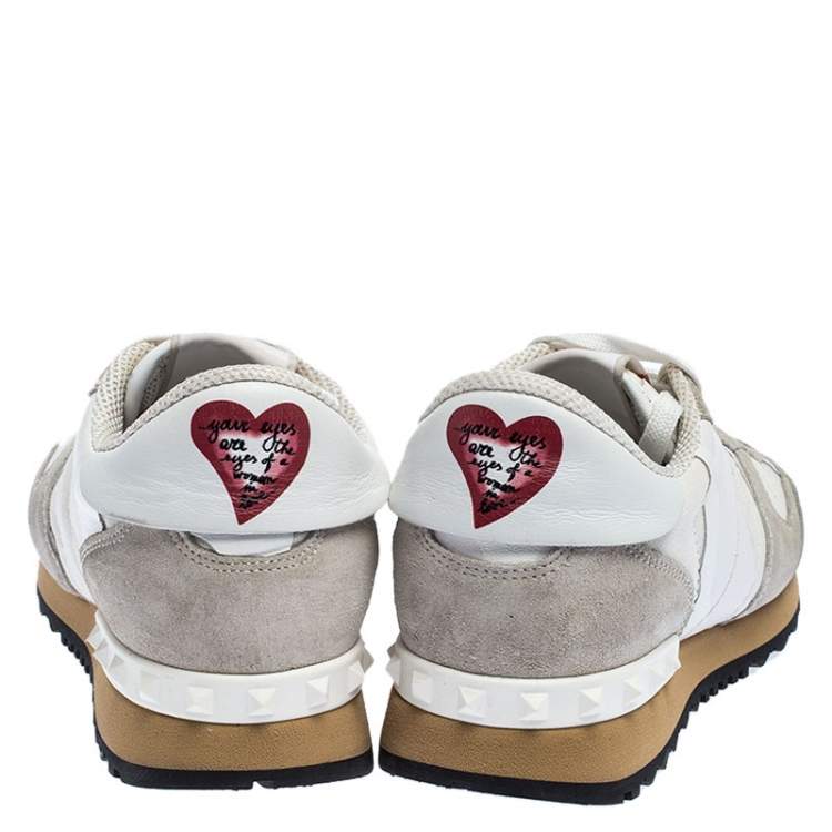 مملوكة مسبقًا Valentino White/Grey Leather and Suede L'Amour Rockrunner Low Top Sneakers Size 37