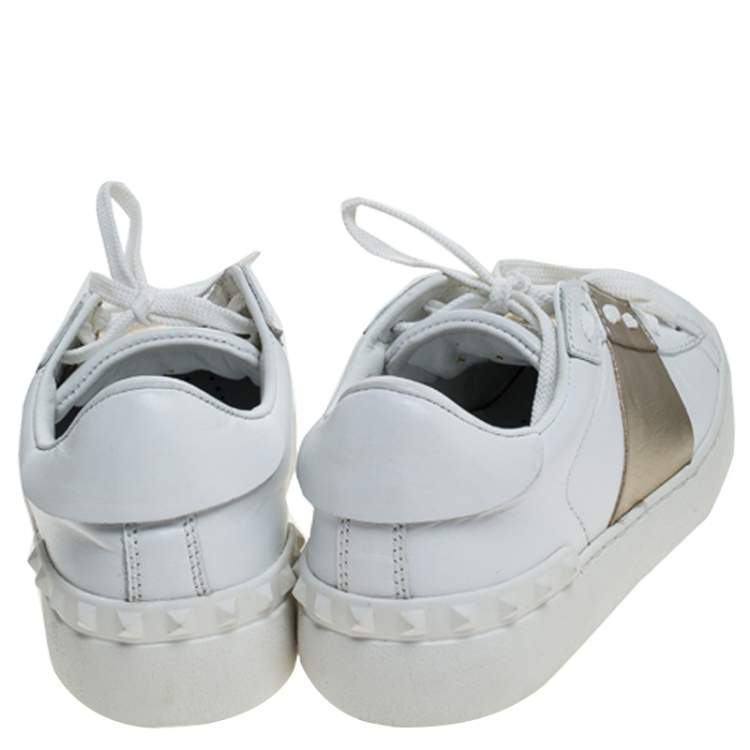 Pre Owned Valentino White And Gold Band Leather Open Low Top Sneakers Size 36