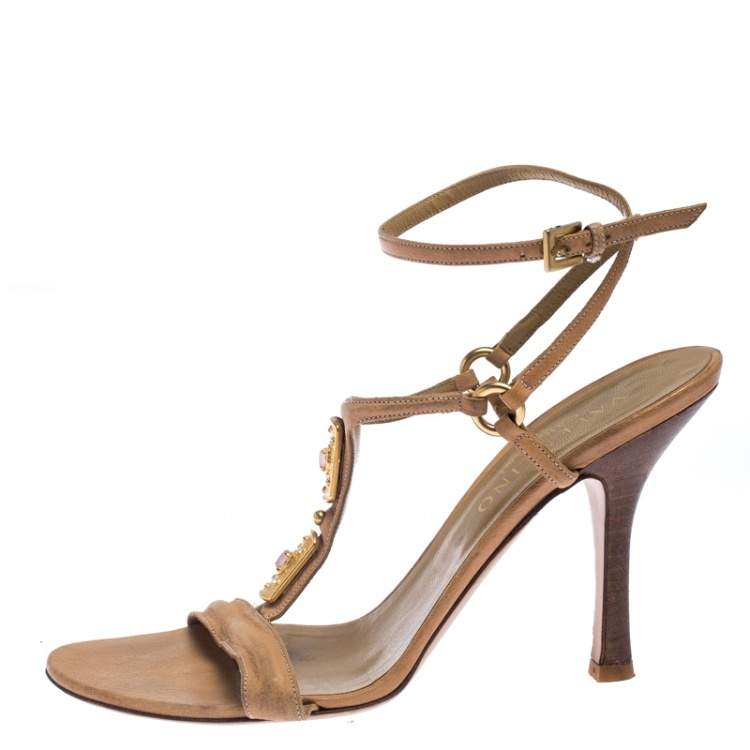 Pre Owned Valentino Beige Crystal Embellished Leather T Strap Sandals Size 38