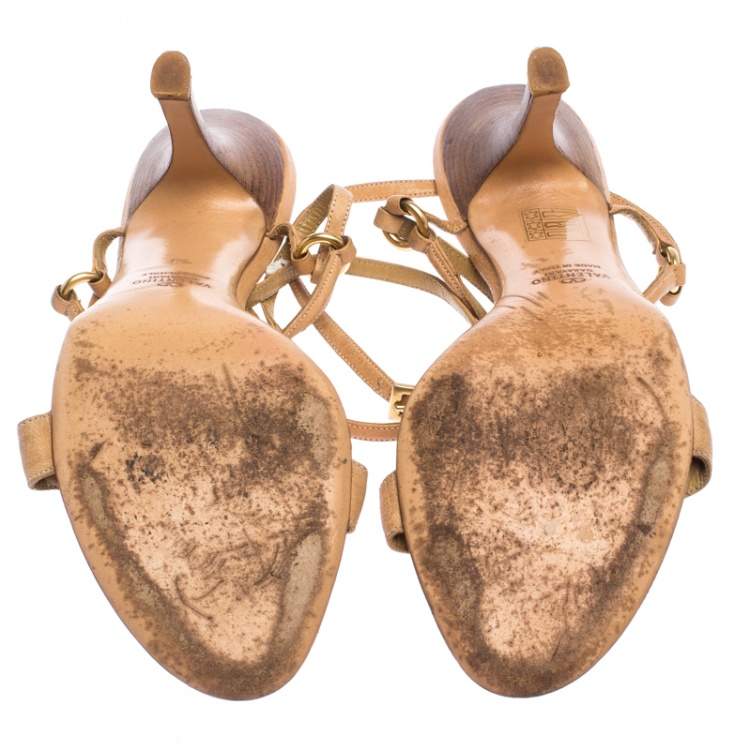 Pre Owned Valentino Beige Crystal Embellished Leather T Strap Sandals Size 38