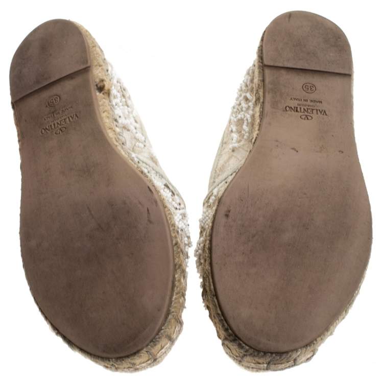 Pre Owned  Valentino White Lace Embellished Espadrilles Slip On Loafers Size 35