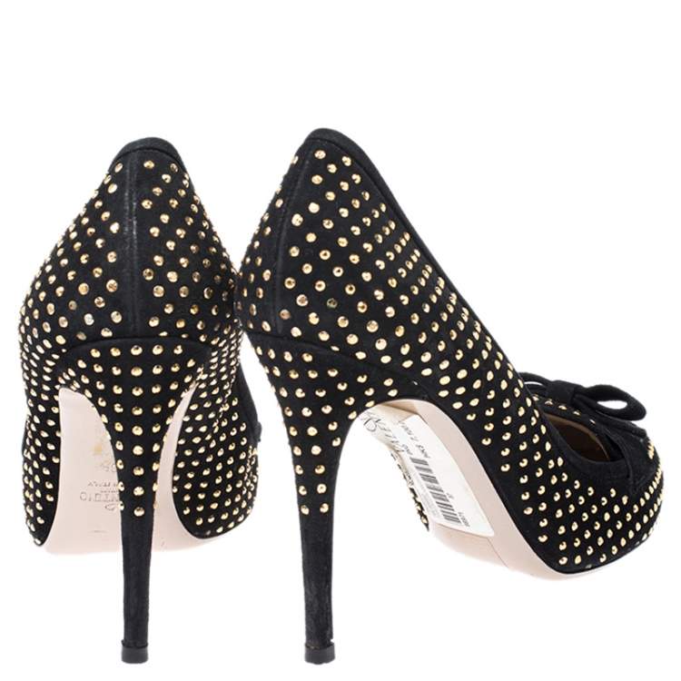 Pre Owned Valentino Black Suede Gold Tone Studded Loafer Pumps Size 38