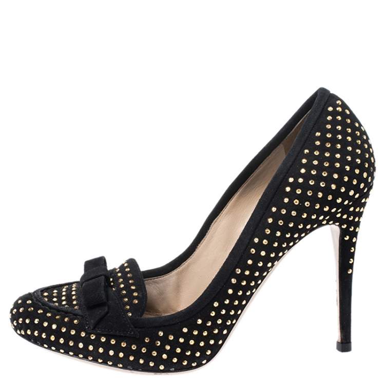 Pre Owned Valentino Black Suede Gold Tone Studded Loafer Pumps Size 38
