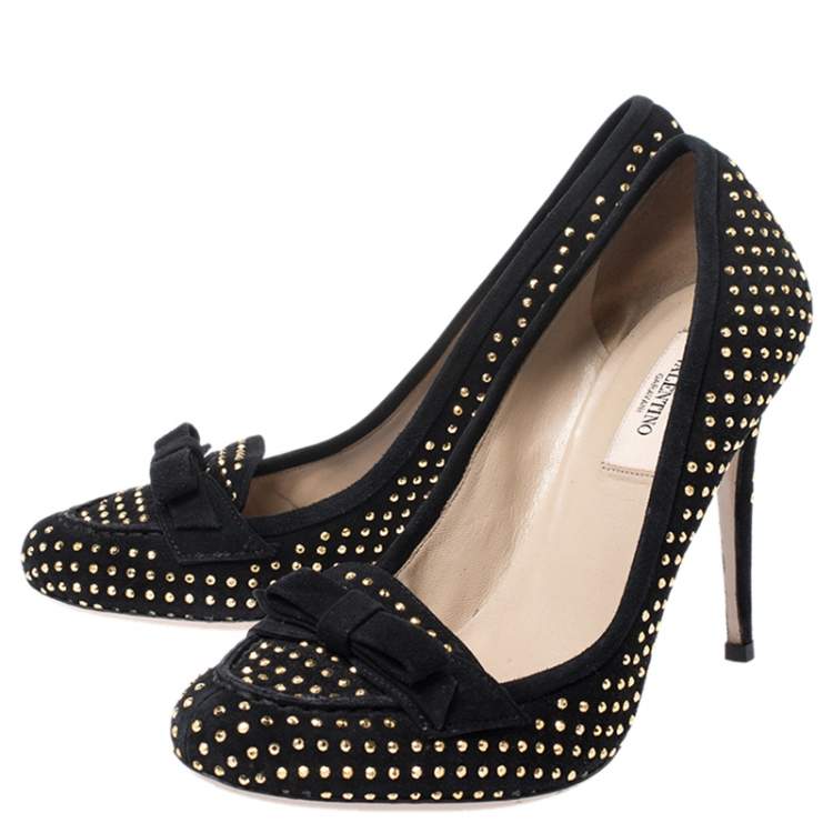 Pre Owned Valentino Black Suede Gold Tone Studded Loafer Pumps Size 38