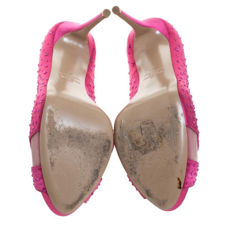Pre Owned Valentino Pink Crystal Embellished Satin Peep Toe Platform Pumps Size 40