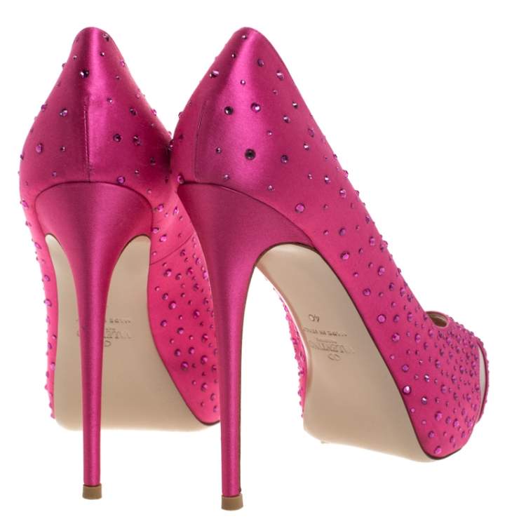 Pre Owned Valentino Pink Crystal Embellished Satin Peep Toe Platform Pumps Size 40