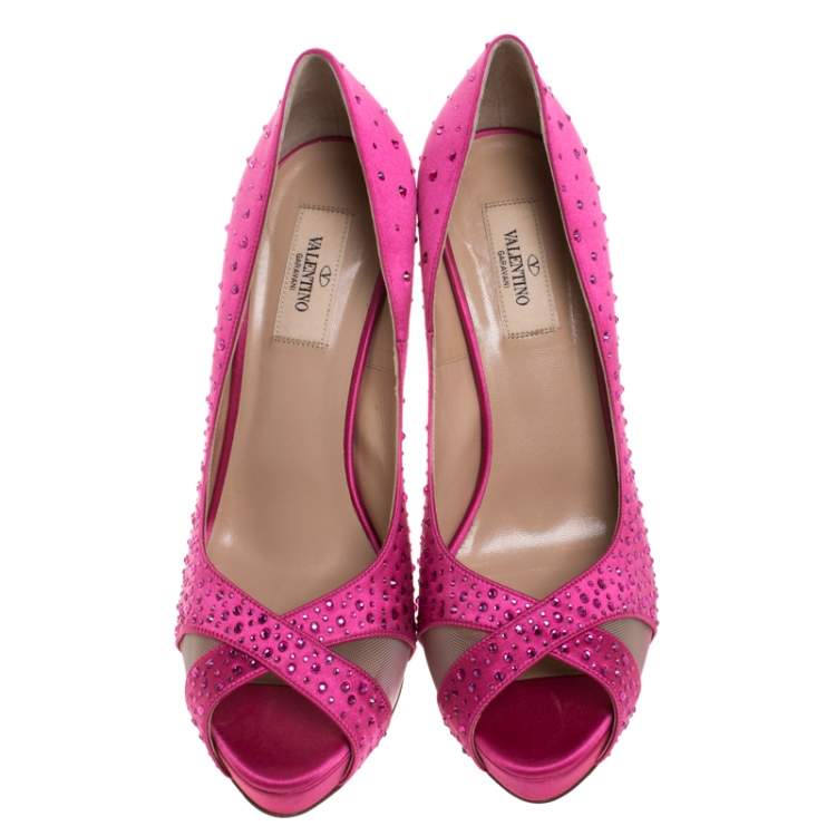 Pre Owned Valentino Pink Crystal Embellished Satin Peep Toe Platform Pumps Size 40