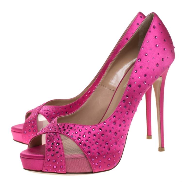 Pre Owned Valentino Pink Crystal Embellished Satin Peep Toe Platform Pumps Size 40