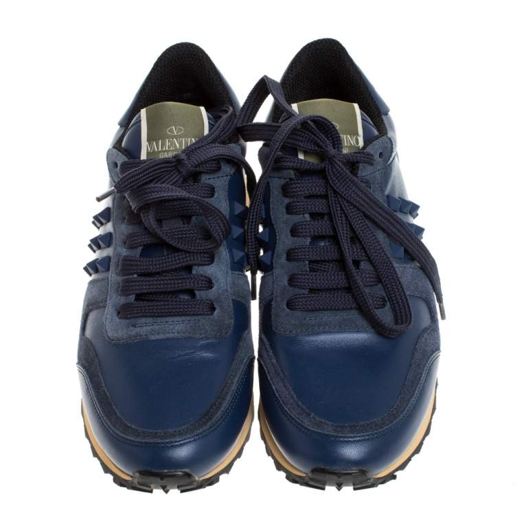 Pre Owned Valentino Blue Leather And Suede Rockrunner Low Top Sneakers Size 36