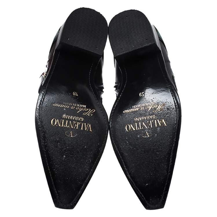 Pre Owned Valentino Black Floral Embroidered Leather Pointed Toe Cowboy Boots Size 39