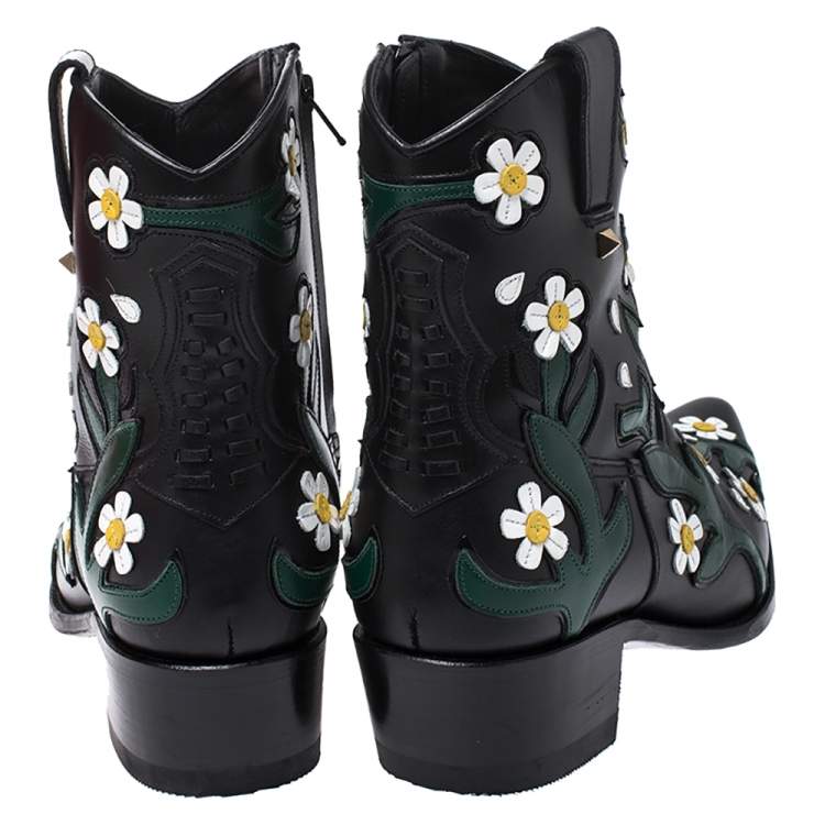 Pre Owned Valentino Black Floral Embroidered Leather Pointed Toe Cowboy Boots Size 39
