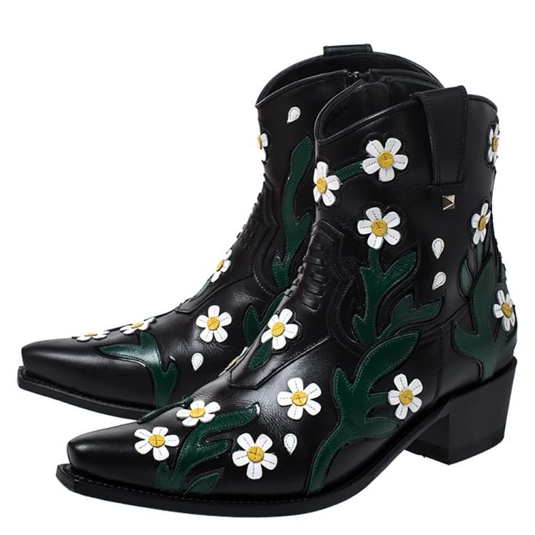 Pre Owned Valentino Black Floral Embroidered Leather Pointed Toe Cowboy Boots Size 39