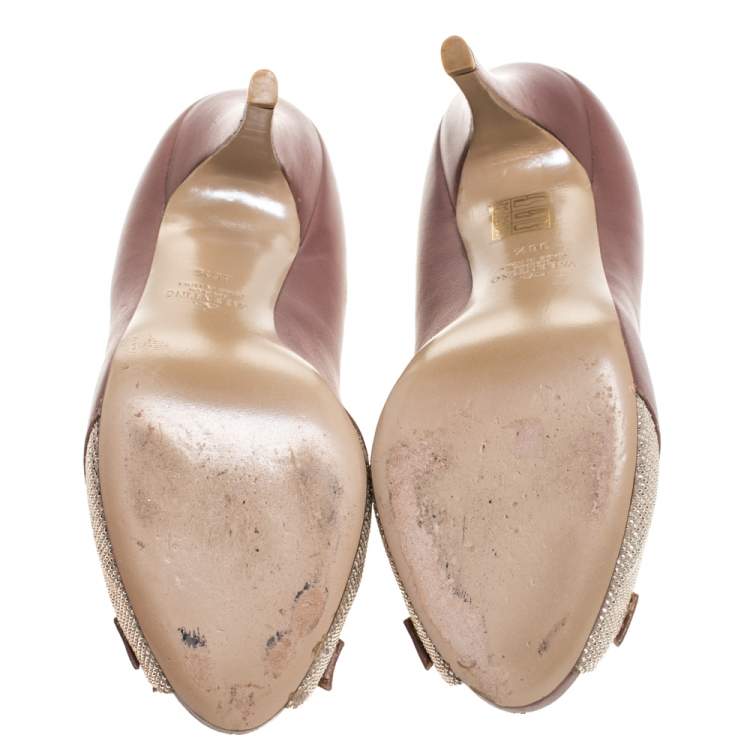 Pre Owned Valentino Dark Beige Leather And Studded Suede Bow Peep Toe Platform Pumps Size 36.5