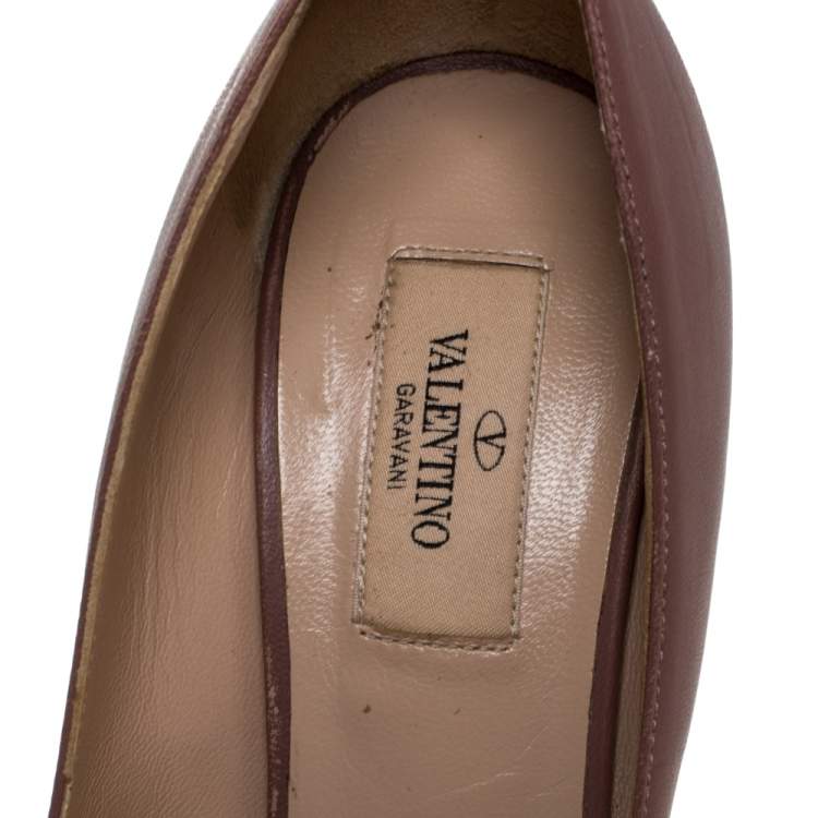 Pre Owned Valentino Dark Beige Leather And Studded Suede Bow Peep Toe Platform Pumps Size 36.5