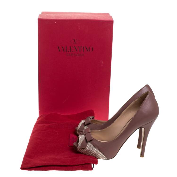 Pre Owned Valentino Dark Beige Leather And Studded Suede Bow Peep Toe Platform Pumps Size 36.5