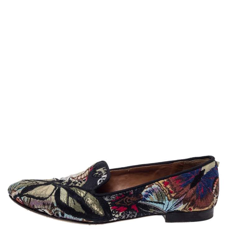 Pre Owned Valentino Black Embroidered Canvas Smoking Slippers Size 38