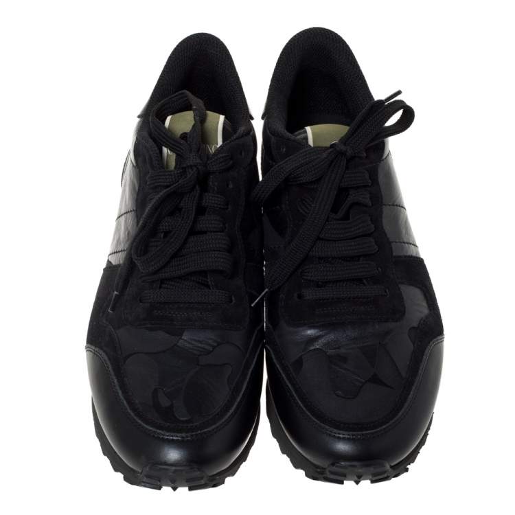 Pre Owned Valentino Black Camouflage Leather and Suede Rockrunner Sneakers Size 40.5