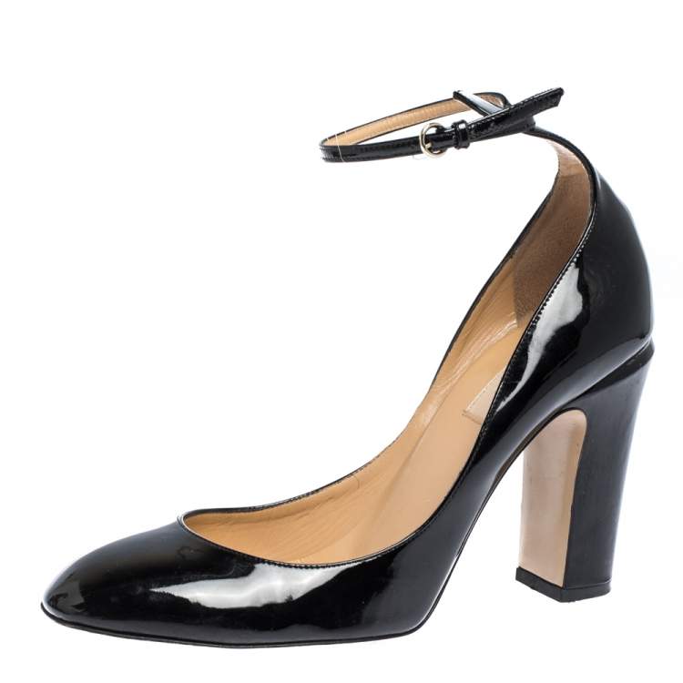 black leather pumps with ankle strap