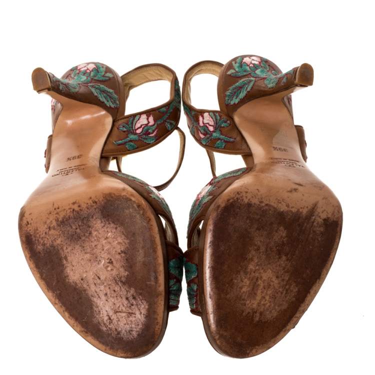Pre Owned Valentino Brown Leather Embroidered Ankle Strap Sandals Size 39.5