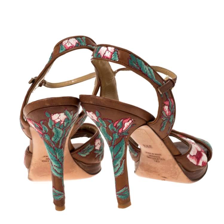 Pre Owned Valentino Brown Leather Embroidered Ankle Strap Sandals Size 39.5