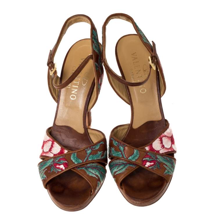 Pre Owned Valentino Brown Leather Embroidered Ankle Strap Sandals Size 39.5