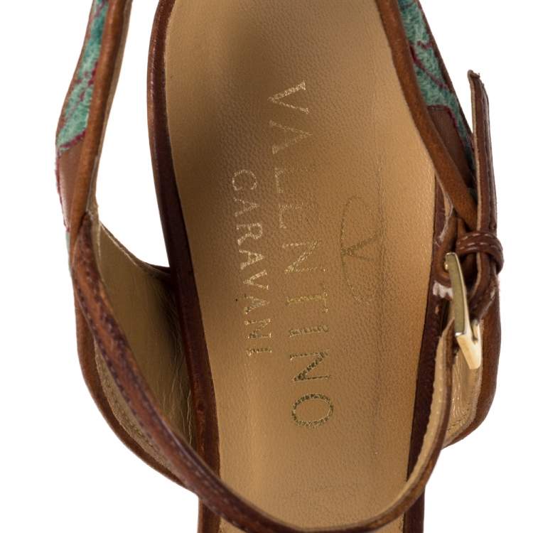 Pre Owned Valentino Brown Leather Embroidered Ankle Strap Sandals Size 39.5