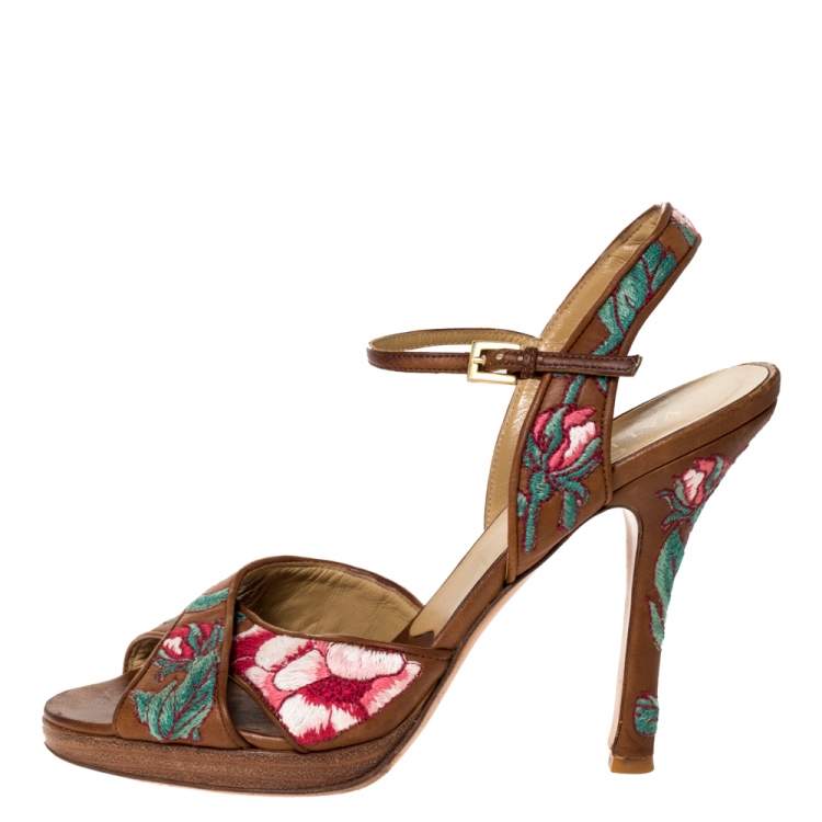 Pre Owned Valentino Brown Leather Embroidered Ankle Strap Sandals Size 39.5
