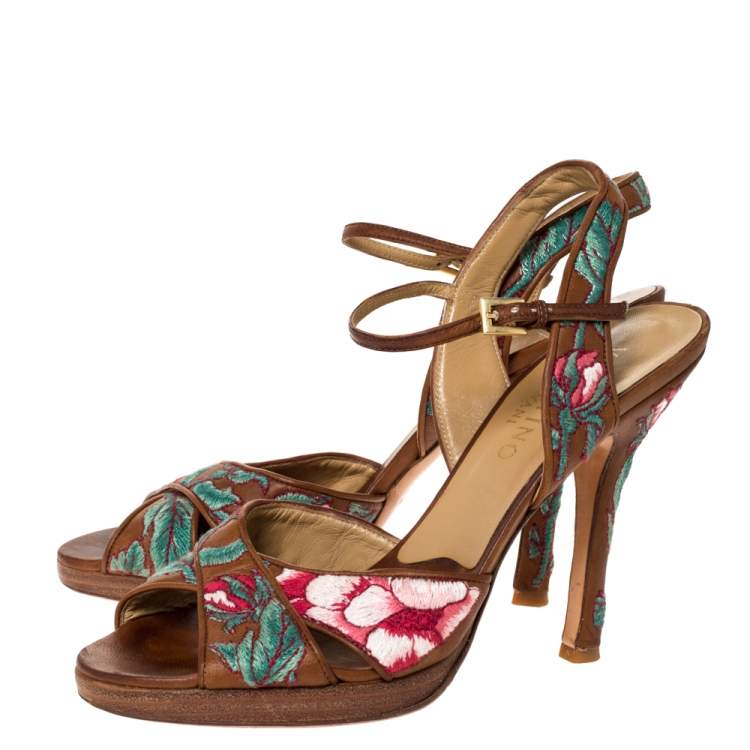 Pre Owned Valentino Brown Leather Embroidered Ankle Strap Sandals Size 39.5