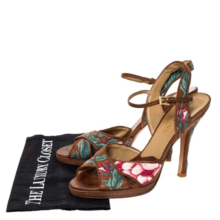 Pre Owned Valentino Brown Leather Embroidered Ankle Strap Sandals Size 39.5