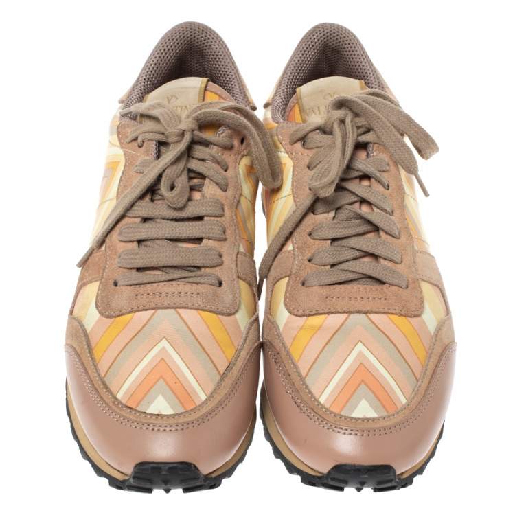 Pre Owned Valentino Multicolor Native Couture Leather And Suede Rockrunner Low Top Sneakers Size 37.5
