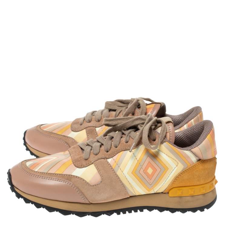 Pre Owned Valentino Multicolor Native Couture Leather And Suede Rockrunner Low Top Sneakers Size 37.5